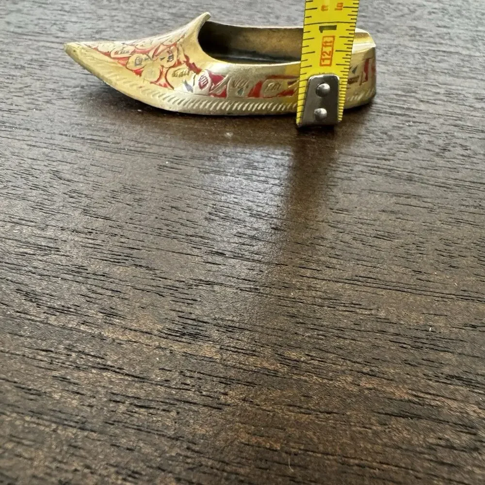 Vintage Brass Shoe Ashtray Hand Etched Red Slipper India Genie Aladdin